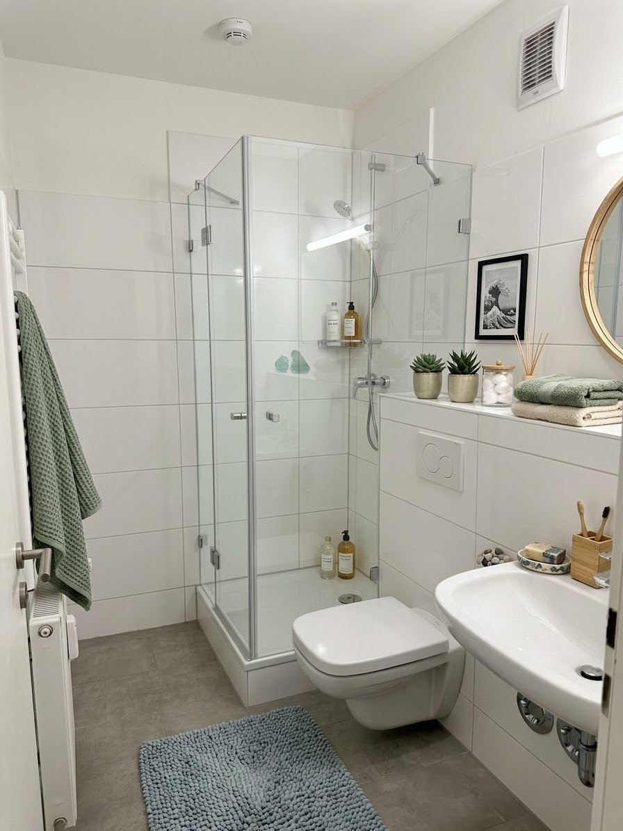 Bad mit Glasdusche, weißen Fliesen, wandhängendem WC und Waschtisch